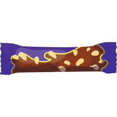 Pixel art chocolate bar with nuts inside purple wrapper isolated on white background sweet snack confection food delicious treat unwrapped confectionary dessert baked good sugar high calorie