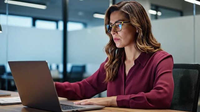 Stressed businesswoman with hand on head working on laptop in modern office 4k video