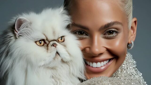 Close up portrait of a short haired woman in shimmer clothes, holding a white Persian cat