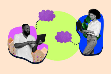 Full 3d poster art photo collage of two happy girl guy type laptop message distance communication flower leaves wooden house