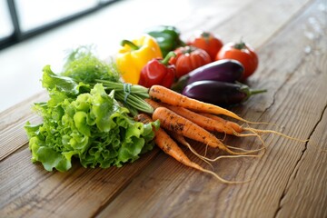 Fresh vegetables on wooden table providing a vibrant display of healthy eating and natural goodness