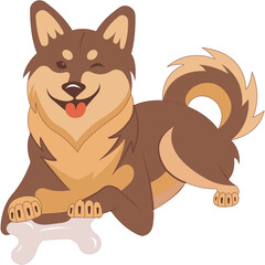 Joyful Brown Shiba Inu Dog Chewing on a White Bone with a Transparent Background and Tongue Out in a Playful Pose