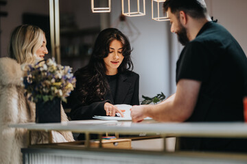 Three people engage at a sleek reception counter in a hair studio setting. A woman in black, a bearded man, and another woman share a moment of paperwork amid flowers and warm lighting.