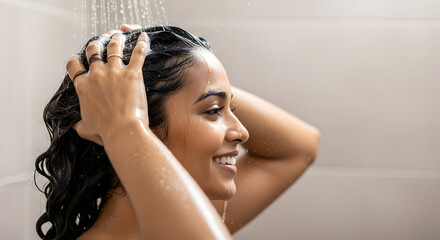 A beautiful woman enjoys a refreshing shower, feeling the water cascade over her as she cleanses and rejuvenates her body and mind for the day ahead.