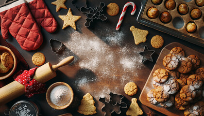 Vista superior de una cocina navideña con guantes acolchados rojos, galletas caseras, bastones de caramelo, rodillo y cortador de jengibre sobre una superficie de madera, transmitiendo calidez.
