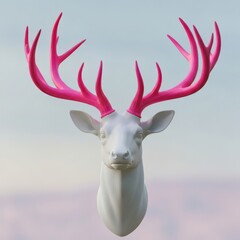 Abstract white deer head with bright pink antlers, artistic style