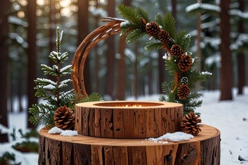 Elegant winter centerpiece on a snowy stump, featuring a wooden candle holder, pine branches, and pinecones