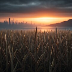 Fototapeta premium A serene landscape featuring tall grass in the foreground and a city skyline against a dramatic sunset backdrop.