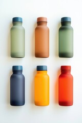 Six colorful reusable water bottles. Top view of matte drink containers in various colors on white background