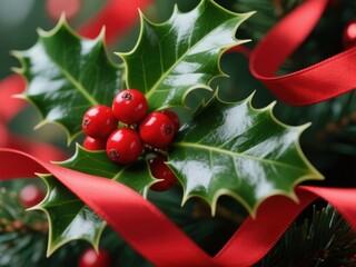 Festive holly sprig with red berries and ribbon on pine bough