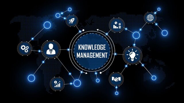 digital corporate learning system on blue virtual screen. futuristic knowledge management interface with global business icons. knowledge management visualization with success symbols.