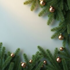 Festive christmas fir branches with golden baubles framing copy