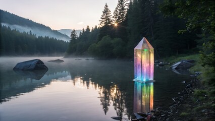 Iridescent crystal obelisk reflecting in misty lake surrounded by forest at dusk or dawn