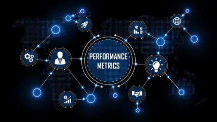 corporate performance monitoring system with connected icons. digital business analytics dashboard on blue virtual screen. futuristic performance metrics interface with global business network. - Powered by Adobe