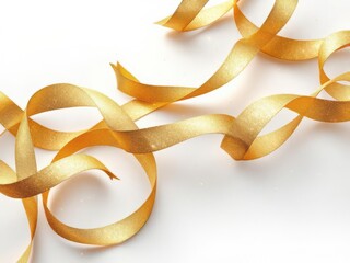 Sparkling gold ribbons elegantly coiled on a clean white surface