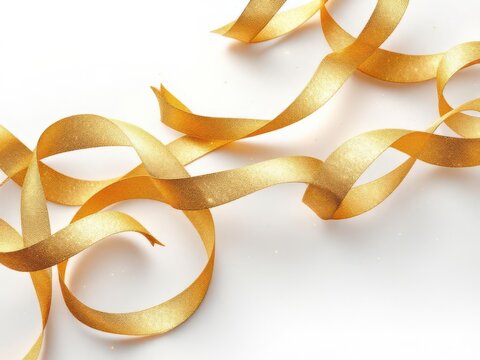 Sparkling gold ribbons elegantly coiled on a clean white surface - Powered by Adobe