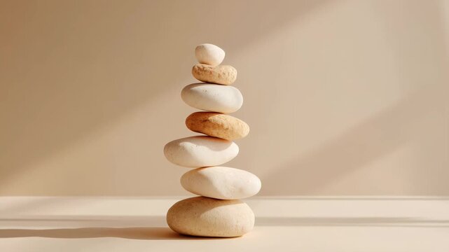 A stack of smooth, light-colored stones arranged vertically on a neutral background. The scene conveys tranquility and balance.