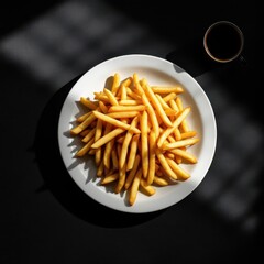 Golden crispy french fries on a white plate with hot coffee