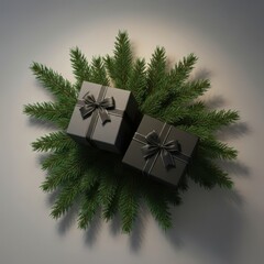 Elegant dark gift boxes with bows on evergreen branches for holidays