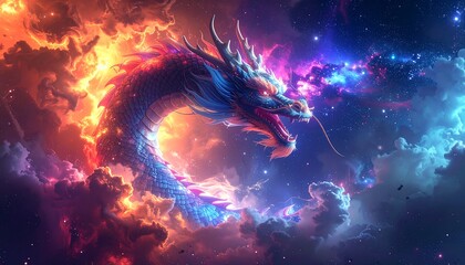 Obraz premium Majestic mythical dragon soaring through cosmic clouds of vibrant fire and stardust in a surreal, fantasy-infused sky