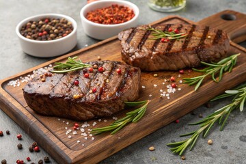 Medium-Rare Steak with Herbs and Sauce on Slate Board