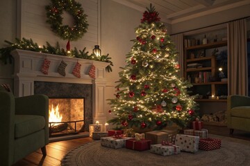 Cozy Christmas Living Room with Decorated Tree and Fireplace
