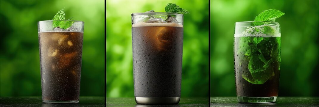 Triptych collage of three refreshing iced drinks. Cold brew coffee or iced tea with fresh mint and ice in tall glasses on a green nature background - Powered by Adobe