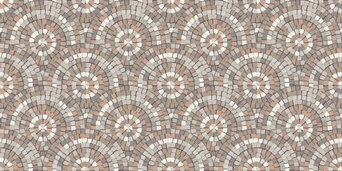 Seamless Mediterranean mosaic pattern with hand drawn stone tiles in soft earthy tones. Inspired by ancient Greek and Roman floor designs, for backgrounds, decor, and classic ornamental projects.