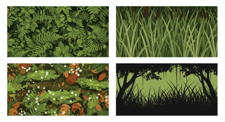 Set of four natural backgrounds featuring lush green ferns, marsh reeds, forest floor moss, and a dark silhouette.