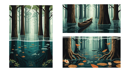 Set of three serene illustrations of a flooded forest, showing a canoe, underwater life, and floating autumn leaves.