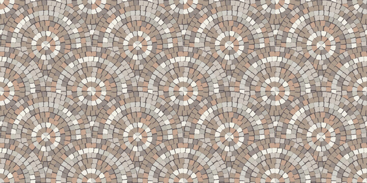 Seamless Mediterranean mosaic pattern with hand drawn stone tiles in soft earthy tones. Inspired by ancient Greek and Roman floor designs, for backgrounds, decor, and classic ornamental projects.