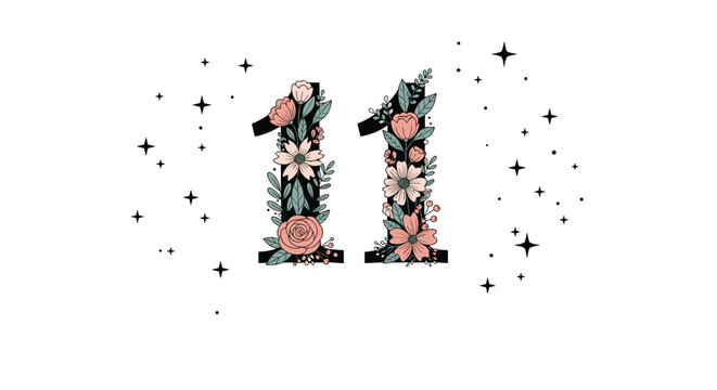 Decorative number eleven with an elegant floral arrangement and whimsical stars on a clean white background, perfect for anniversaries or special dates.