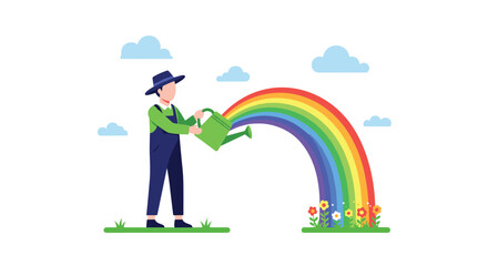 A man in overalls uses a watering can to pour a vibrant rainbow onto a patch of colorful blooming flowers.