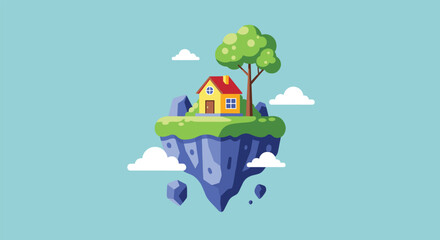 Cozy little house with a red roof and a green tree situated on a small floating island in a peaceful blue sky.