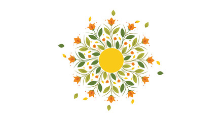 Symmetrical floral mandala design with a central yellow sun, surrounded by orange flowers and green leaves and vines.