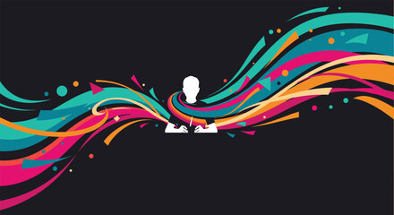 Dynamic and colorful abstract background with a silhouette of a person working at a desk surrounded by flowing waves.