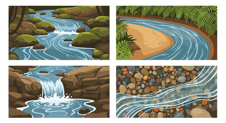Collection of four river and stream scenes showing water flowing over rocks, around a sandbank, and over pebbles.