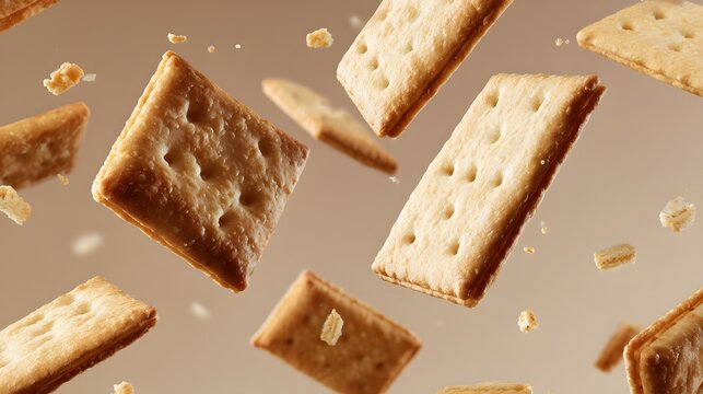 Delicious golden square crackers falling through the air with crumbs.
