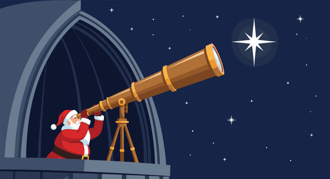 Santa Claus looks through a large telescope in an observatory, gazing at the bright Star of Bethlehem in the night sky.