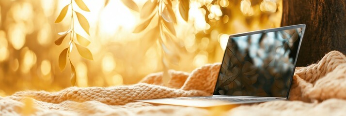 Laptop on a cozy knitted blanket outdoors in a sunny autumn park. Golden leaves and warm light create a comfortable atmosphere for remote work or study