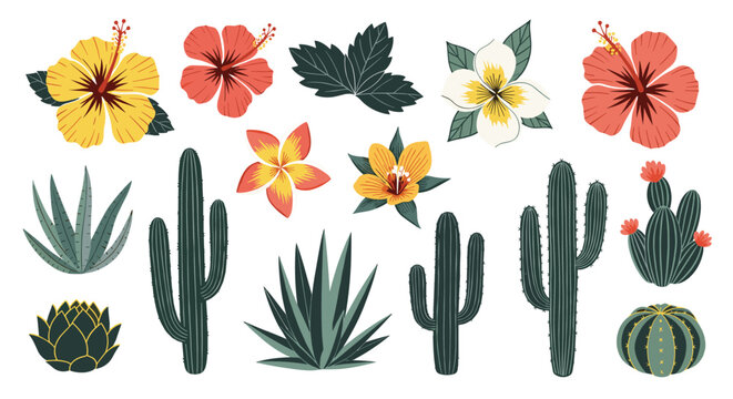A vibrant collection of tropical flowers, leaves, succulents, and various cacti, perfect for botanical themes and design elements.