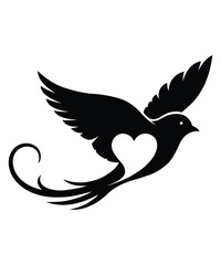 Valentine Day Flying Dove Heart Silhouette Love Symbol Art.