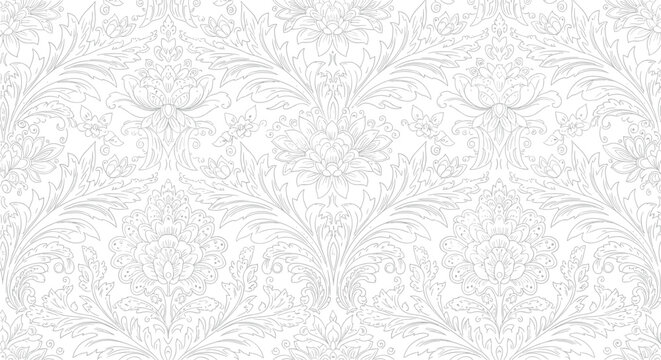 Elegant white and light grey seamless damask pattern featuring ornate floral and scrollwork motifs on a textured background.
