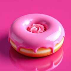 Sweet pink glazed donut with intricate frosting swirl design.