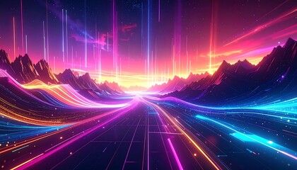 Mountain landscape with flowing neon light trails and glowing sky; colorful, futuristic, and surreal