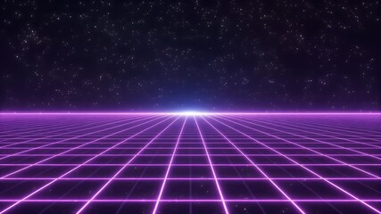 A vibrant purple neon grid stretching into a starry cosmic background with a bright light on the horizon, evoking a retro-futuristic aesthetic. - Powered by Adobe