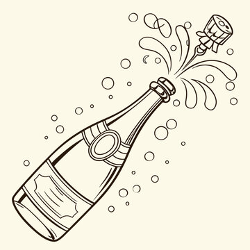 A sketched bottle of champagne with sparkling bubbles rising around it.