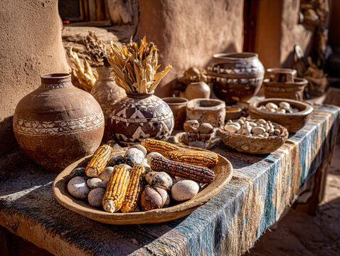 traditional Hopi village setting in December, calm winter day, decorative symbolic elements like corn, pottery, and natural materials displayed respectfully, earthy color palette