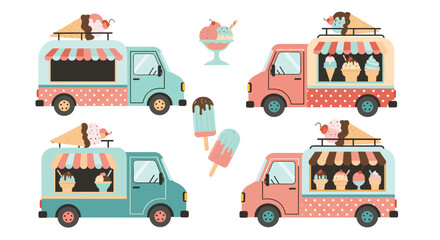 Naklejka premium Colorful illustration of various ice cream trucks serving different frozen treats like cones, sundaes, and popsicles.