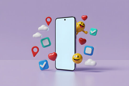 3D Render of a Smartphone with Social Media Icons and Emojis